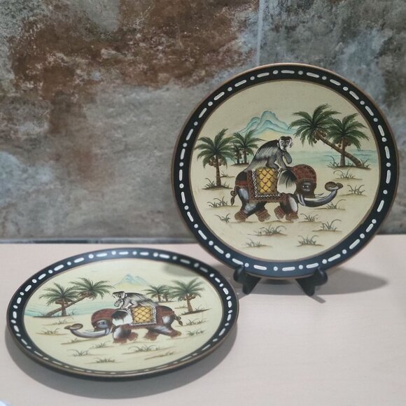 Pair Decorative Ceramic Plate Hand Painted Monkey Riding Elephant - Picture 7 of 10